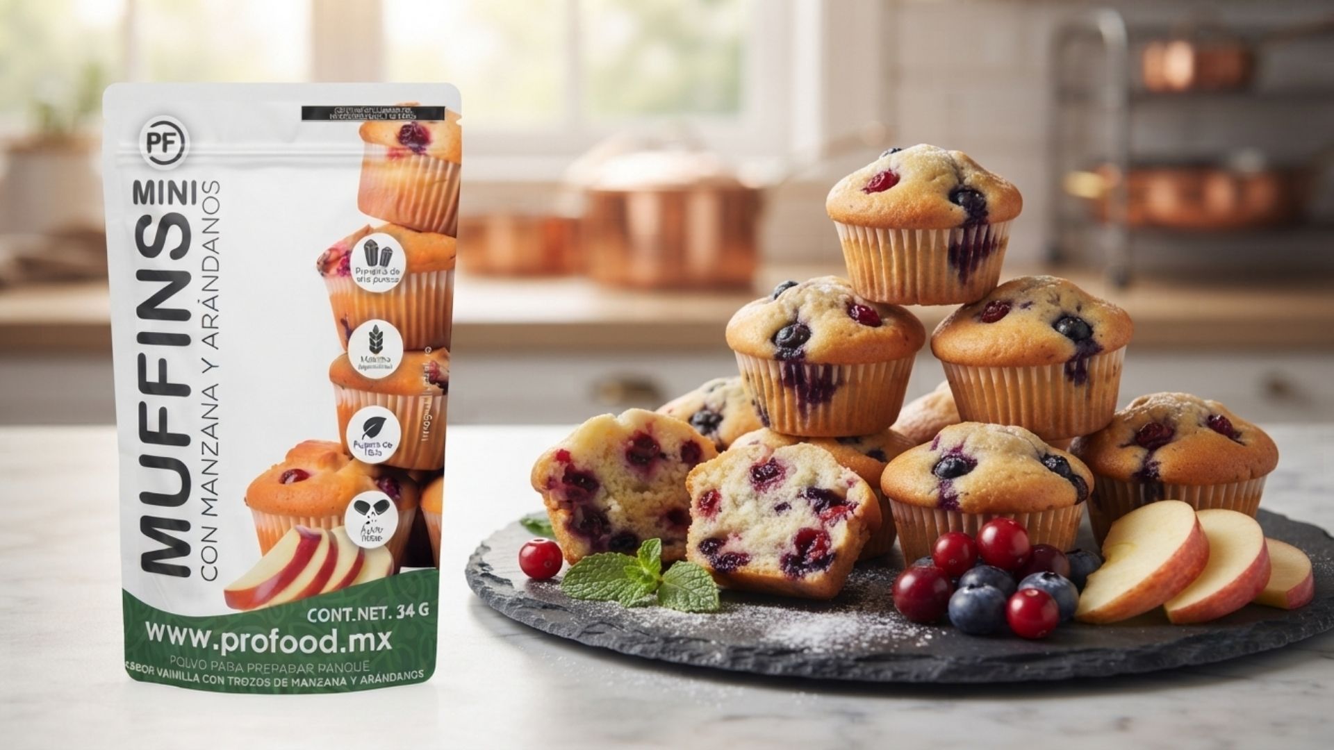 mini muffins con trocitos de manzana y arándanos